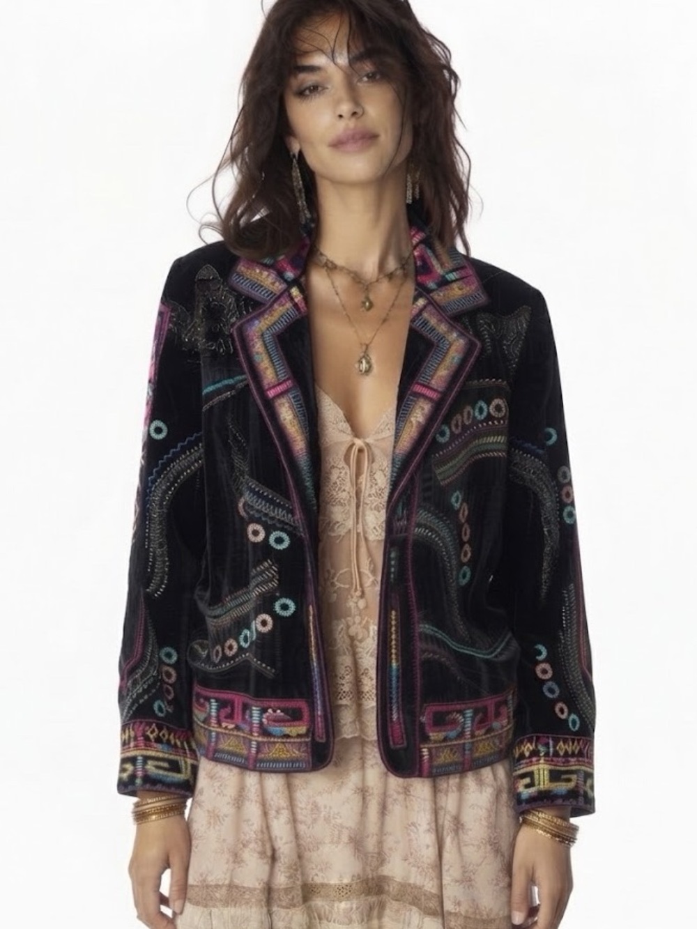 Vintage 90s Coldwater Creek Velvet Embroidered Blazer Jacket Black Size Small